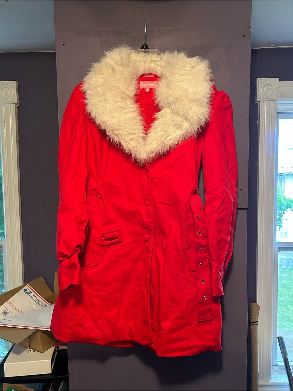 Sugar Thrillz Red Trench Coat with White Faux-Fur Collar